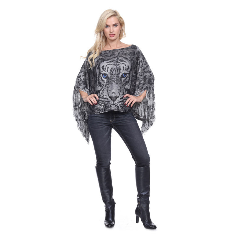 White Mark Tiger Womens 3/4 Sleeve One Size Fits Most Poncho, Silver