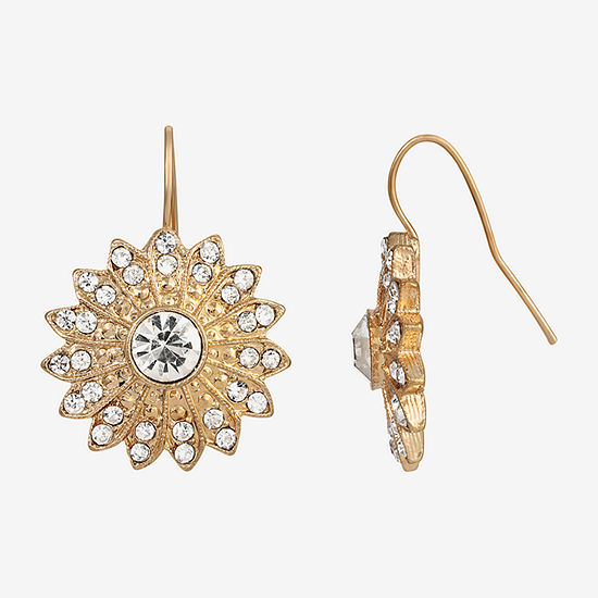 1928 Gold Tone Crystal Flower Drop Earrings