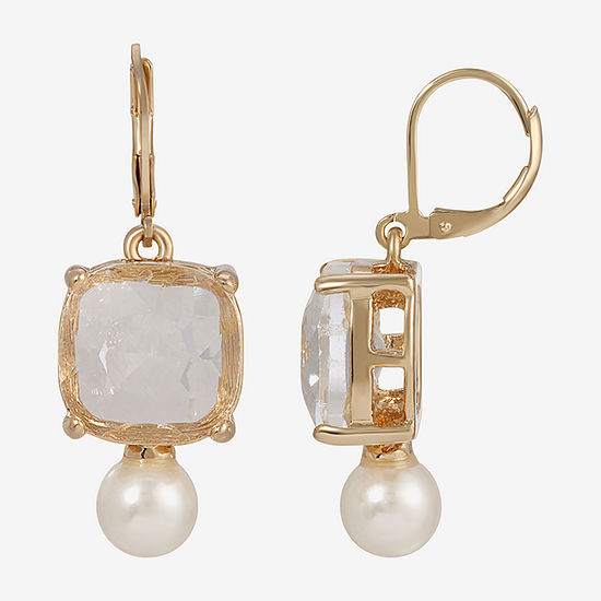 1928 Gold Tone Crystal Simulated Pearl Drop Earrings