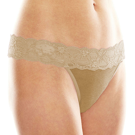Ambrielle®  Cotton Lace-Trim Thong Panty