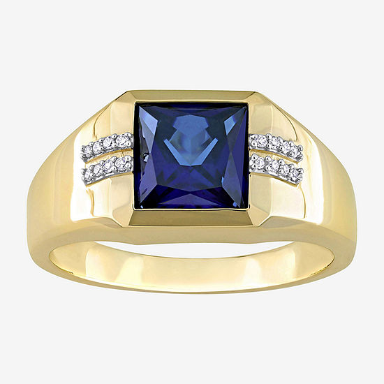 Mens Diamond Accent Lab Created Blue Sapphire 10K Gold Fashion Ring
