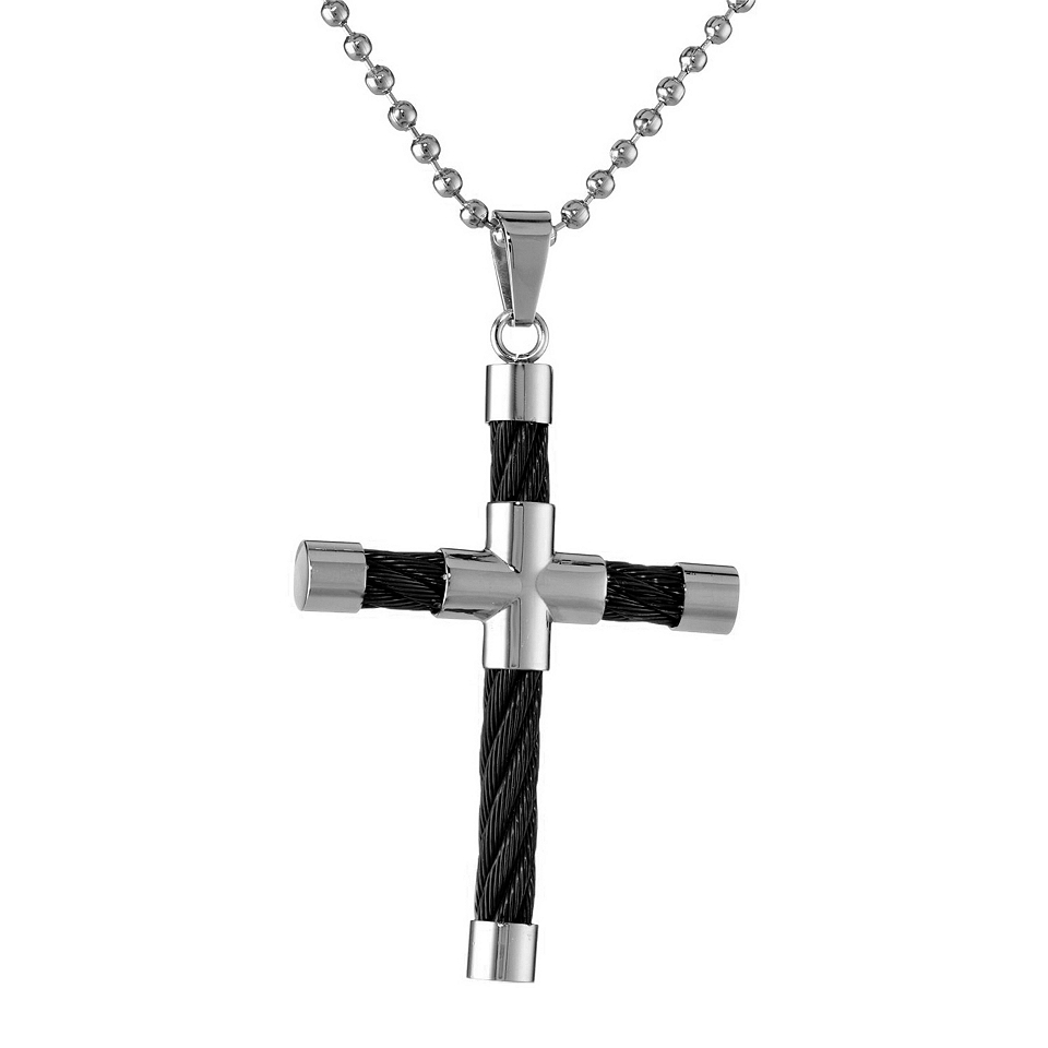 Mens Stainless Steel & Black IP Cable Cross Pendant, White