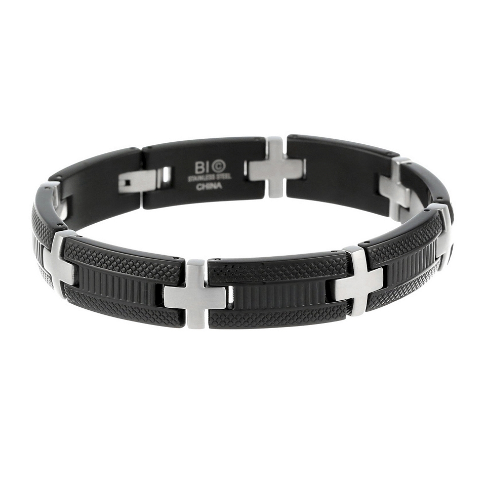 Mens Stainless Steel & Black IP Cross Bracelet