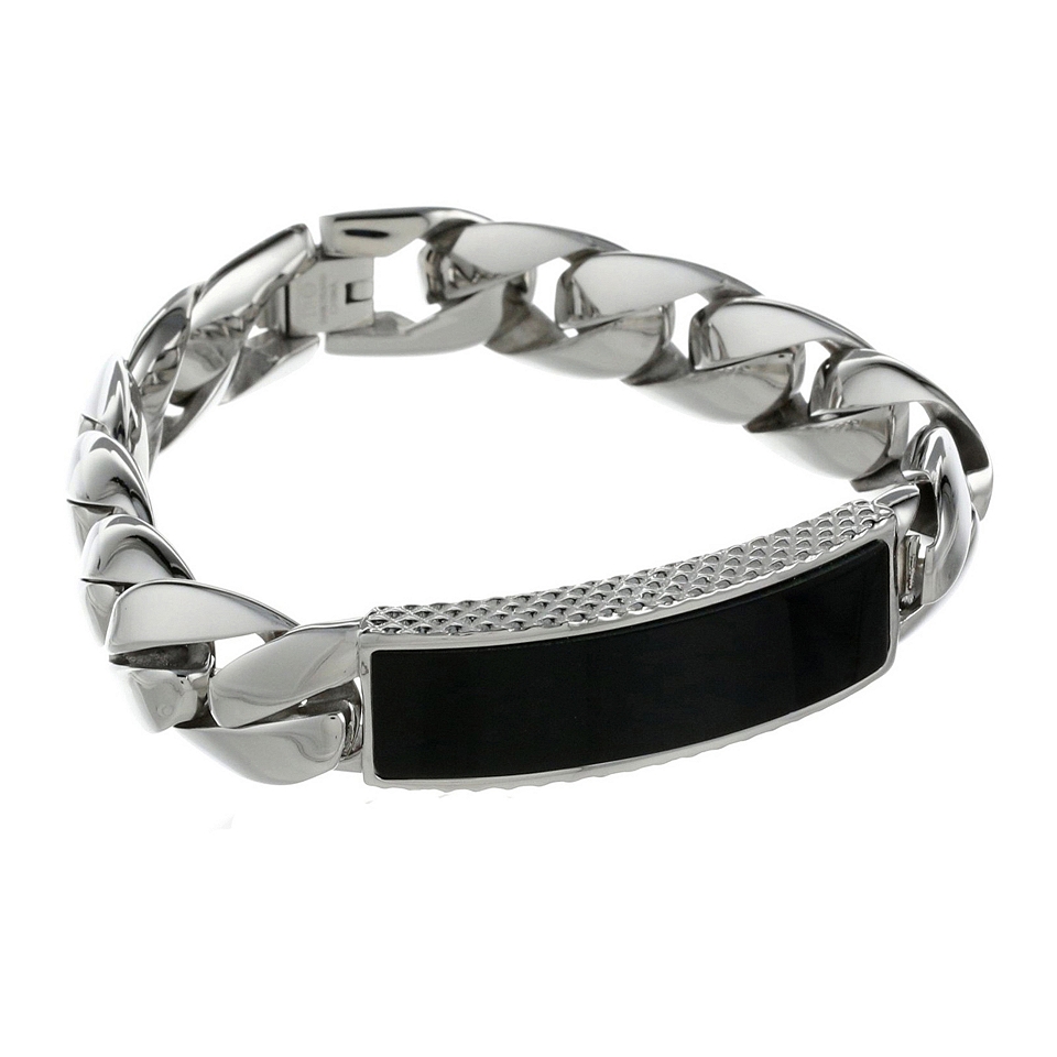 Mens Stainless Steel & Black Onyx ID Curb Bracelet, White