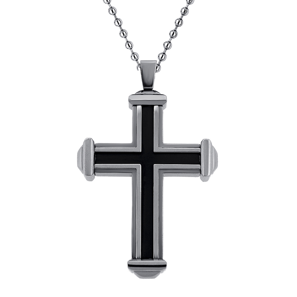 Mens Stainless Steel & Black IP Cross Pendant, White