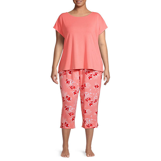 Liz Claiborne Womens Plus 2-pc. Crew Neck Short Sleeve Capri Pajama Set