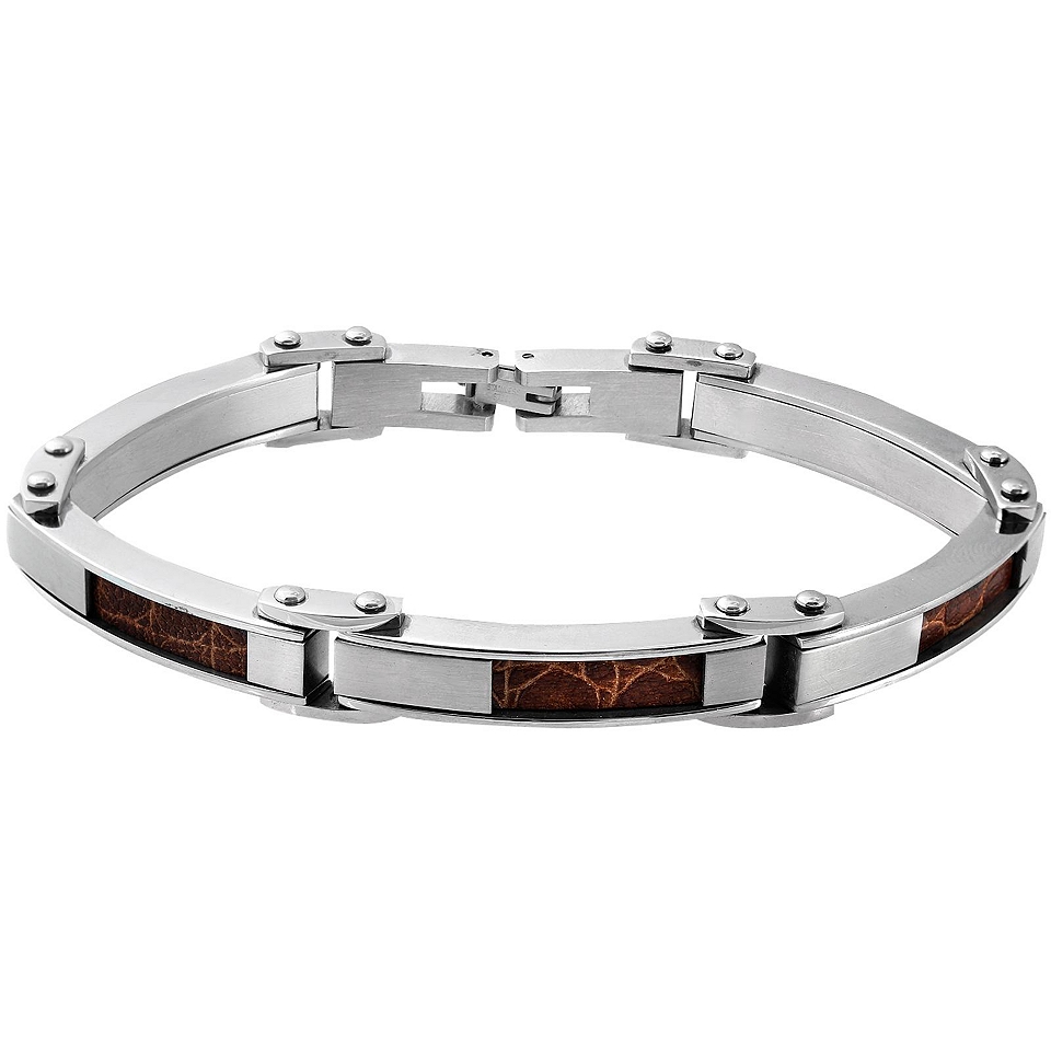 Stainless Steel & Brown Faux Crocodile Leather Mens Bracelet