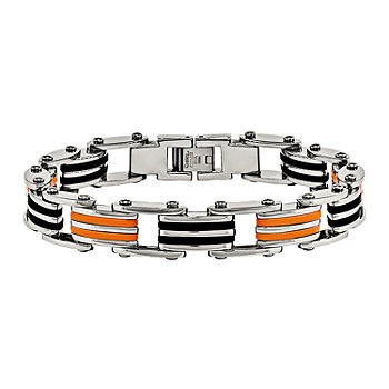 8.75 Inches Men's Stainless Steel 9mm Black and Orange Rubber Bracelet