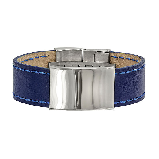 Mens Stainless Steel & Blue Leather Id Bracelet