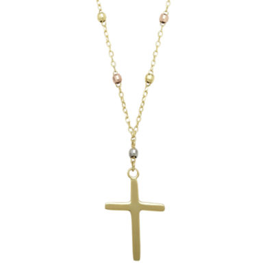 14K Tri-Tone Gold Beaded Chain Cross Necklace