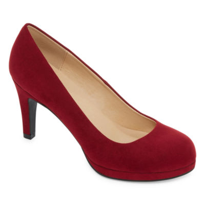 red closed toe pumps