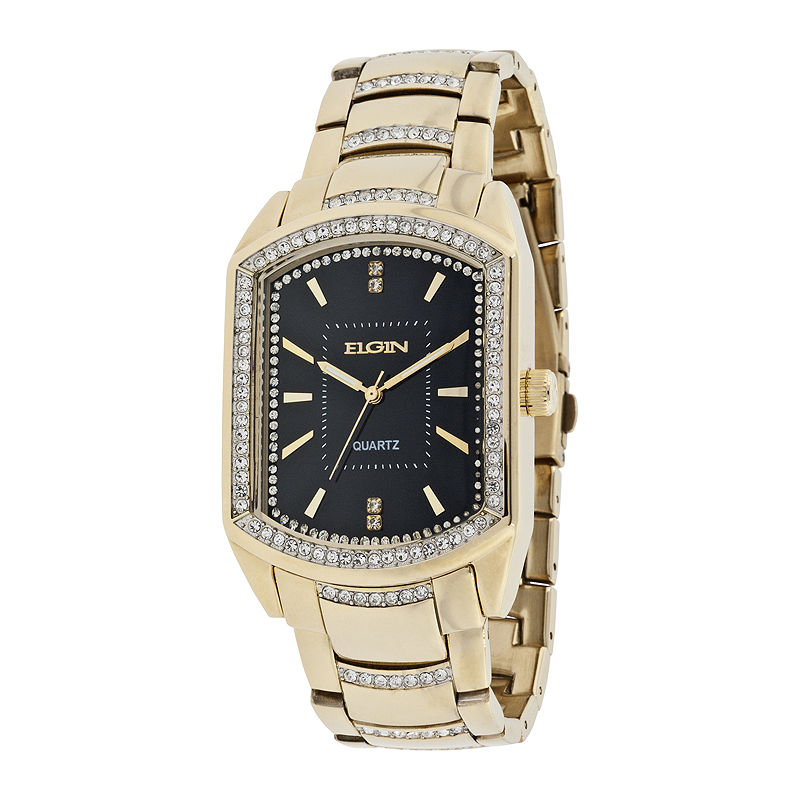 UPC 049353763088 product image for Elgin Mens Gold-Tone & Crystal-Accent Rectangular Watch | upcitemdb.com