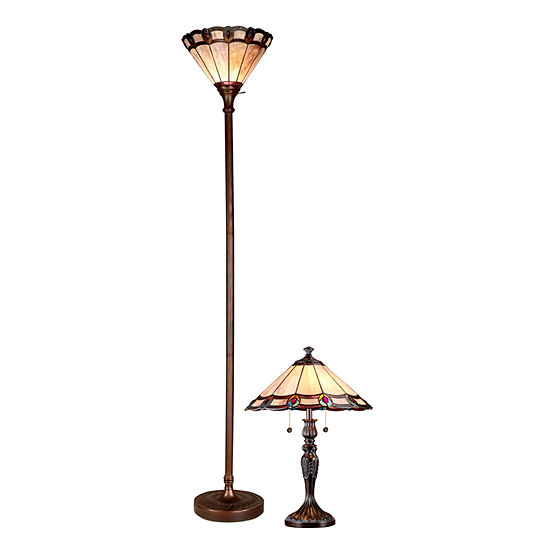 Dale Tiffany 2 Pc Peacock Torchiere Floor Table Lamp Set