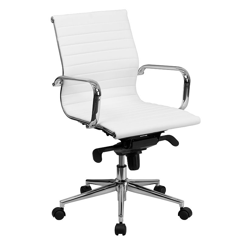 Mid-Back Ribbed Leather Swivel Conference Chair With Knee-Tilt Control And Arms, White