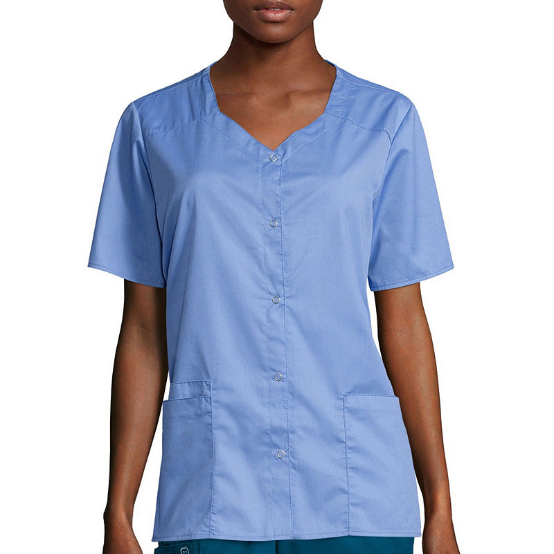 Wonder Wink Wonderwink Wonderwork 200 Womens Short Sleeve Snap Front Top, Size Small, Blue