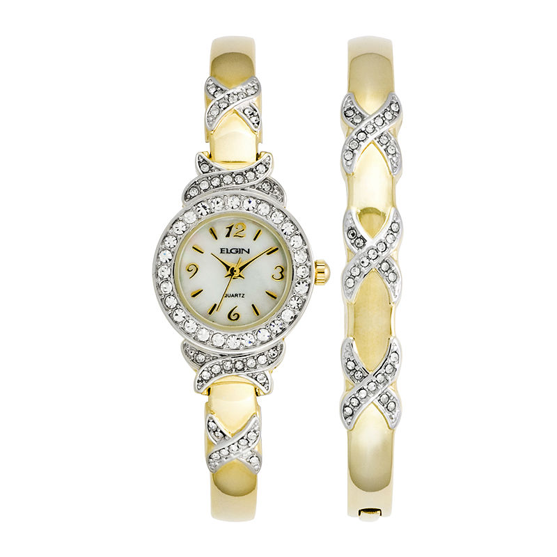 UPC 049353736921 product image for Elgin Womens Gold-Tone Crystal-Accent Watch and Bangle Set | upcitemdb.com