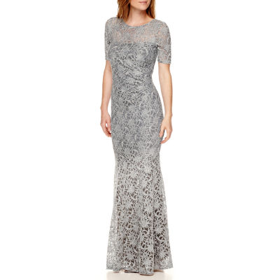 one by eight short sleeve lace evening gown