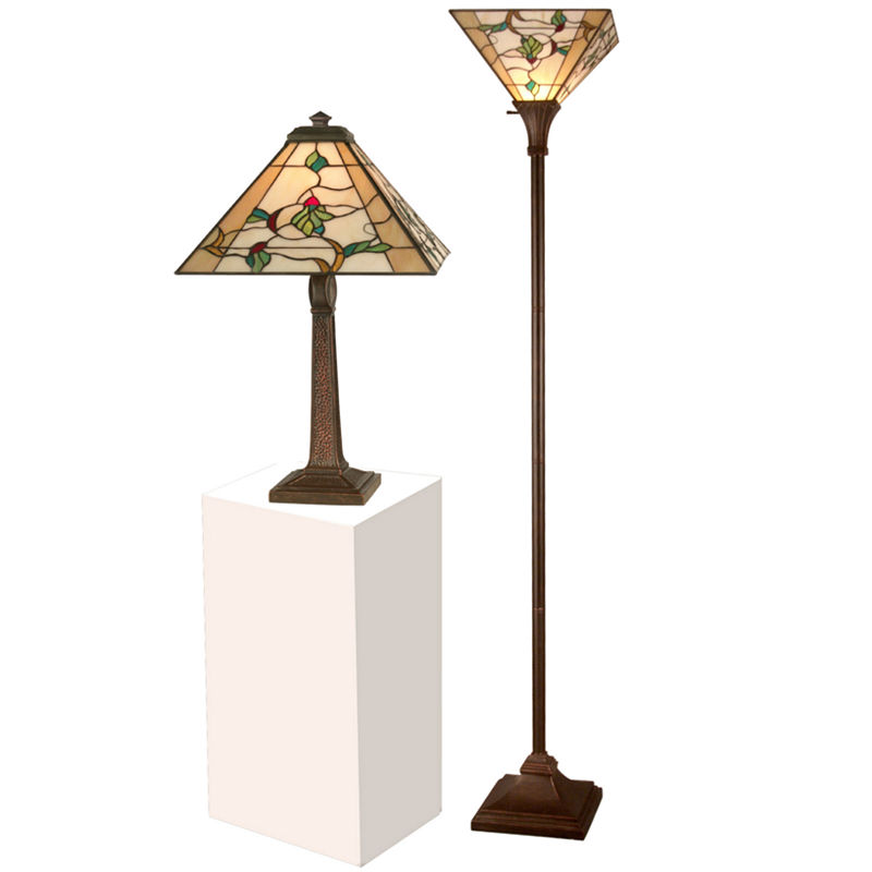 Dale Tiffany Green Leafs Table And Torchiere Lamp Set