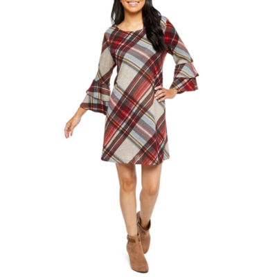 Tiered Bell Sleeve Plaid Shift Dress-Petite