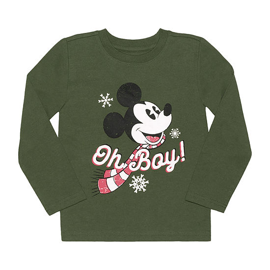 Okie Dokie Christmas Toddler Boys Crew Neck Mickey Mouse Long Sleeve Graphic T-Shirt