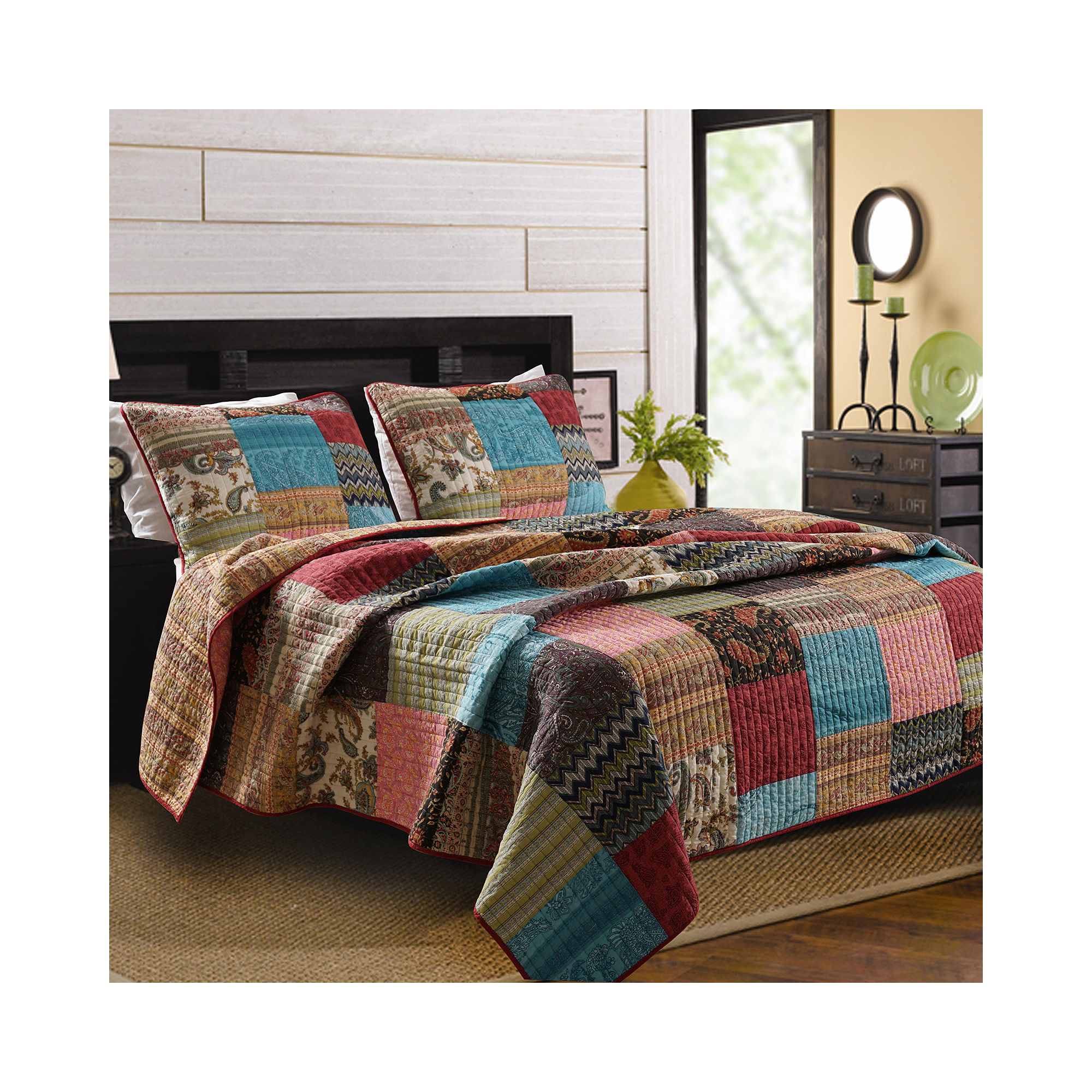 DEALS Greenland Home Fashions New Bohemian Patchwork Quilt Set LIMITED
