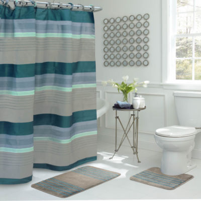 Regent Stripe 15 Pc Shower Curtain Set Color Denim Blue Grey