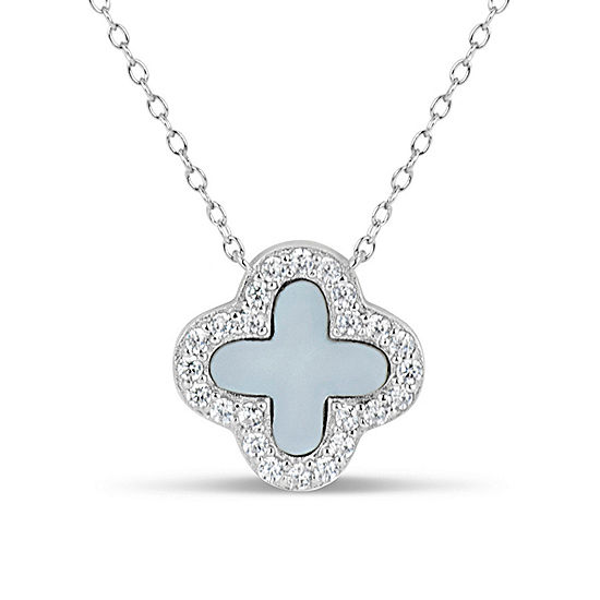 Womens White Mother Of Pearl Sterling Silver Clover Pendant Necklace