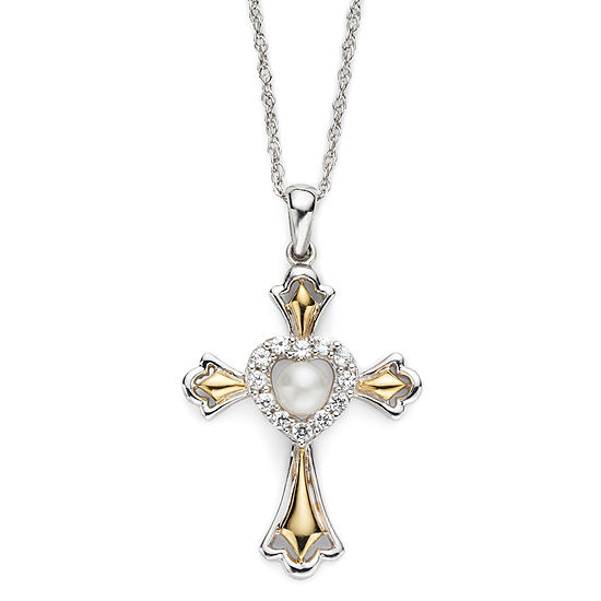 Cultured Freshwater Pearl & Lab-Created White Sapphire Cross Pendant Necklace