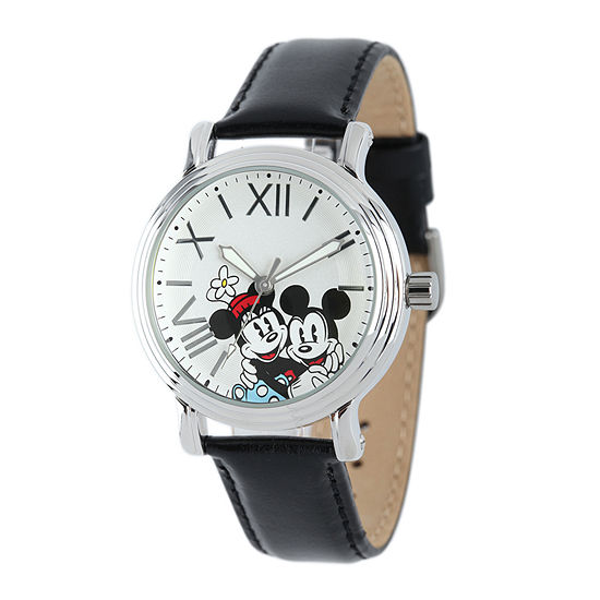 Disney Mickey Mouse and Minnie Mouse Womens Black Leather Strap Watch