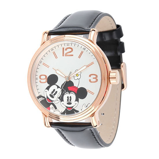 Disney Mickey Mouse and Minnie Mouse Black Leather Strap Womens Watch