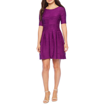 purple fit and flare dress with sleeves