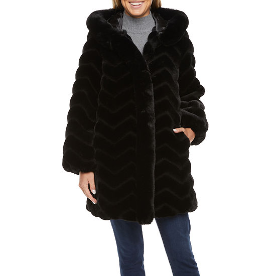Miss Gallery Hooded Faux Fur Chevron Coat