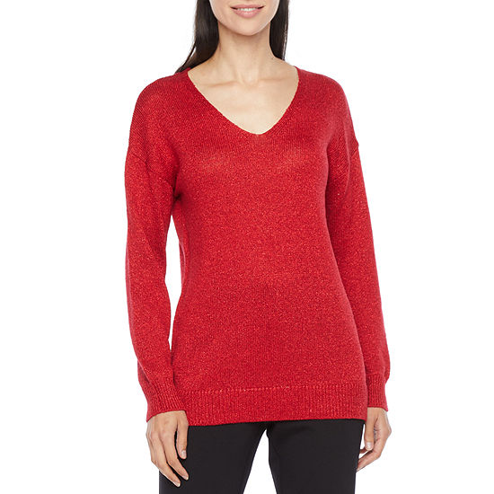 Liz Claiborne Petite Womens V Neck Long Sleeve Pullover Sweater - JCPenney