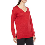 Liz Claiborne Petite Womens V Neck Long Sleeve Pullover Sweater