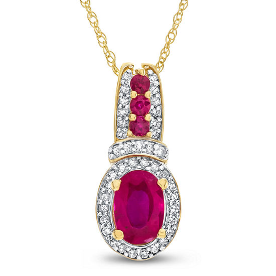 Womens Lead Glass-Filled Red Ruby 10K Gold Oval Pendant Necklace