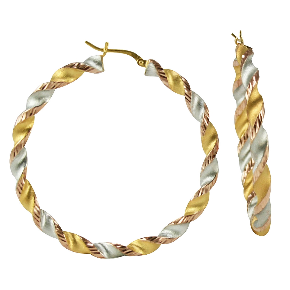 14K Gold Plated Tri Color Twist Hoop Earrings, Womens