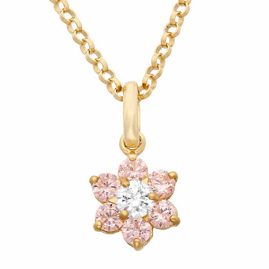 Girls Lab Created Pink Cubic Zirconia 14K Gold Flower Pendant Necklace