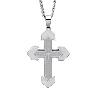 Mens Lord's Prayer Stainless Steel Cross Pendant Necklace