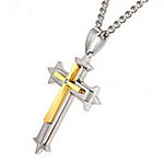 Mens Diamond-Accent Two-Tone Stainless Steel Cross Pendant Necklace