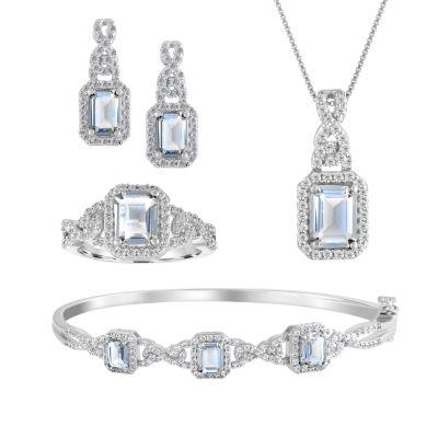 Womens 4-pc. Simulated Aquamarine & Cubic Zirconia Silver Over Brass Jewelry Set