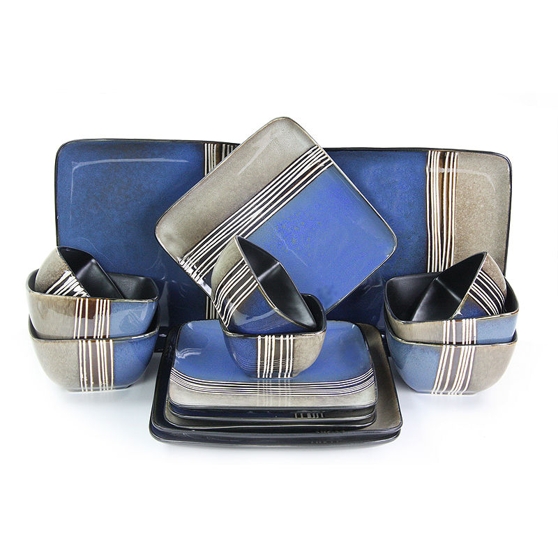 Elama Uptown Loft 16-Pc. Double Bowl Stoneware Dinnerware Set - Service For 4, Blue