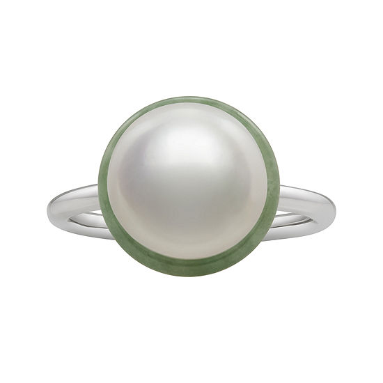 Cultured Freshwater Pearl and Dyed Green Jadeite Ring