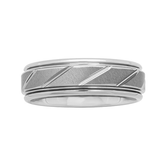 Personalized Mens 7mm Comfort Fit Tungsten Carbide Diagonal Groove Wedding Band
