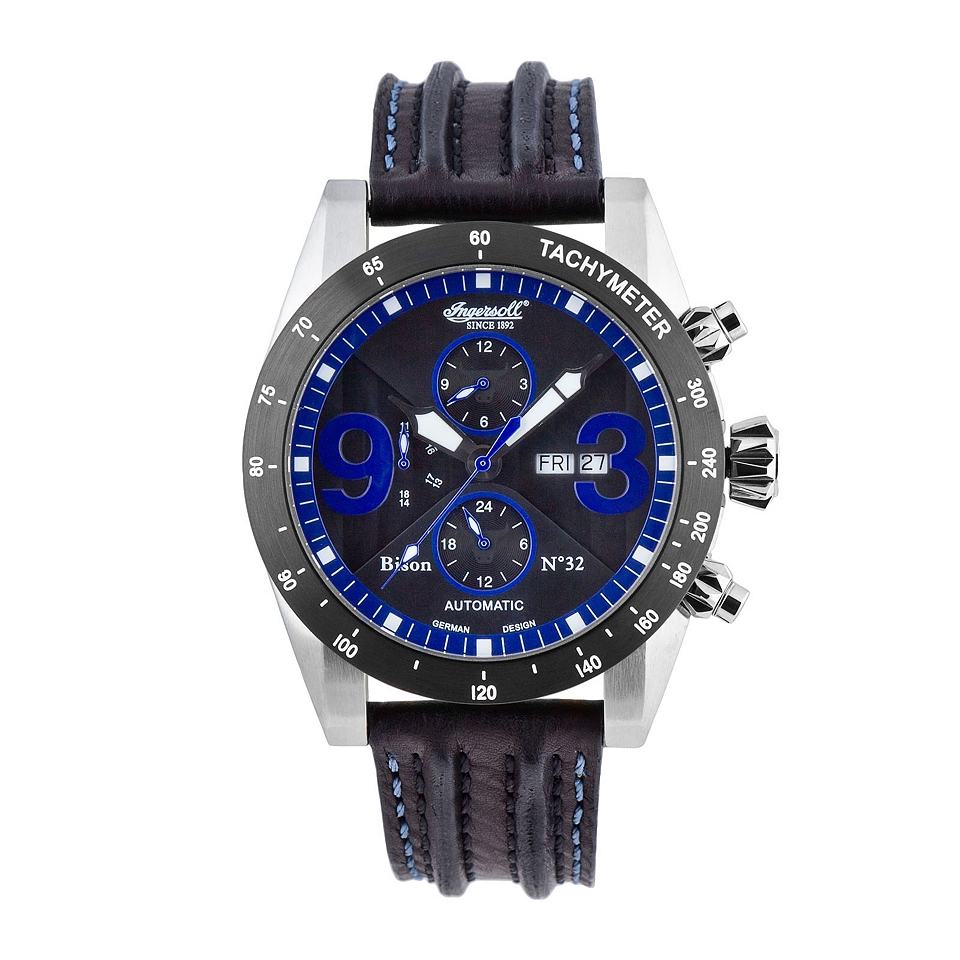 INGERSOLL Bison Mens Silver Tone Black & Blue Automatic Sport Watch