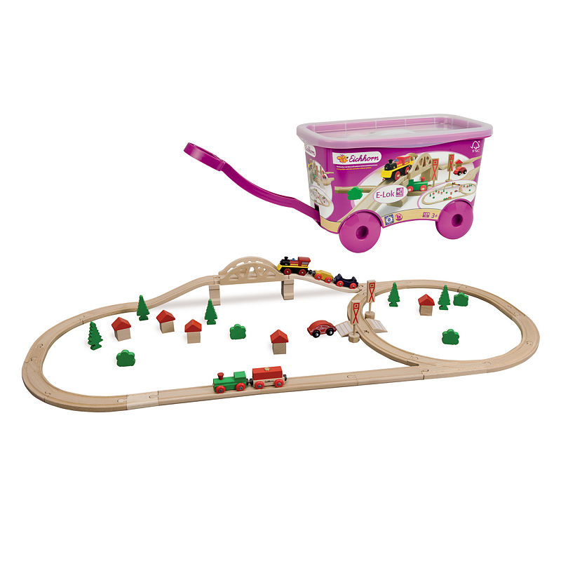 Eichhorn - 55 Piece Wooden Train Set With Bridge And Storable Wagon, Brown