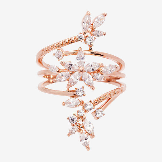 Sparkle Allure Cubic Zirconia 14k Rose Gold Over Brass Flower Bypass  Cluster Cocktail Ring