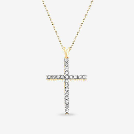 Womens 1 CT. T.W. Genuine White Diamond 10K Gold Cross Pendant Necklace