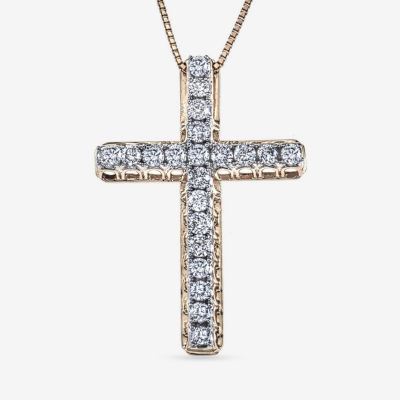Womens 1/2 CT. T.W. Genuine White Diamond 14K Gold Cross Pendant Necklace