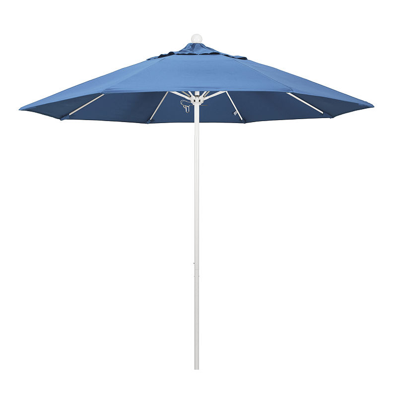 California Umbrella 9' Venture Series Pacifica Patio Umbrella With Matted White Aluminum Pole Fiberglass Ribs Push Lift, Blue