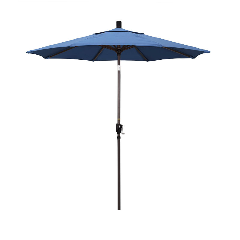 California Umbrella 7.5' Pacific Trail Series Solid Olefin Patio Umbrella With Bronze Aluminum Pole Aluminum Ribs Push Button Tilt Crank Lift, Blue